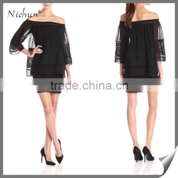 2016 hot summer lace long sleeve black chiffon casual cocktail dress