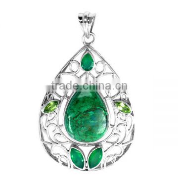 925 Sterling Silver Green Chrysacolla, Onyx & Peridot Pendant Jewelry