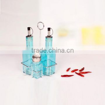 great 5pcs blue glass oil bottle and salt shaker with rack