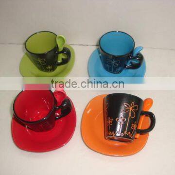 4Pieces Flower Design Ceramic New Stoneware Coffee Tea Mug Set