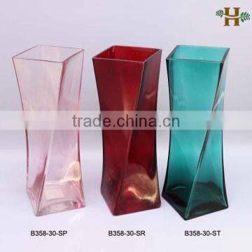 Hebei Factory Square Flower Vase Colored Glass Decorative Vase
