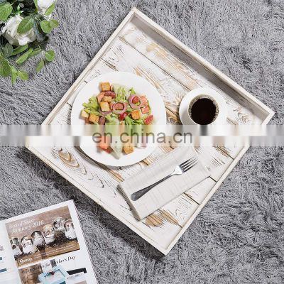 Rustic style homeuse white wood food serving tray with handles 19x19x2 inches