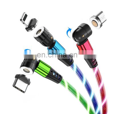 Hot selling 540 degree rotation 3 in1 fast charging cable led luminous flowing USB  magnetic charging cable for phone