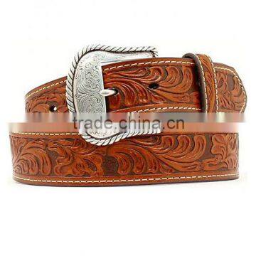 Western Men's Fancy Silver-tone Buckle Floral Embossed Leather Belt