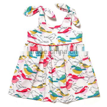 Latest frock designs pictures cute bird print toddler clothing with bows baby girl summer dress