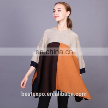wholesale knit woman sweater half sleeve poncho multi color block pullover