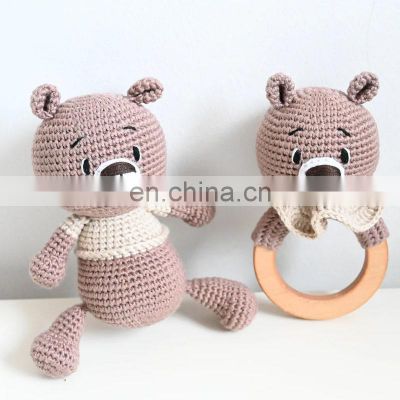 Crochet Bear Amigurumi Crochet Teddy Doll Rattle Set Baby Gift Wooden Teether Ring Kid's Toy Vietnam Supplier Cheap Wholesale