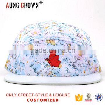 flat brim fashion custom 5 panel flower print cap