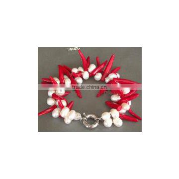 wholesale 2 rows 7" pearls & 9-10mm red capsicum shape natural coral stone bracelet
