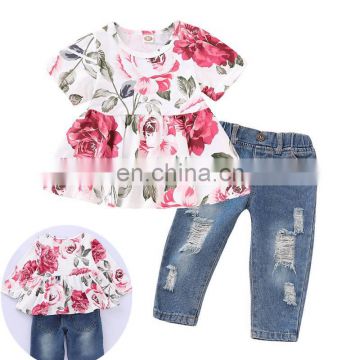 Kids Girls Floral long Short Sleeve Ruffle Blouse + kids Ripped Jeans Baby Clothing Set outfits 0-4years