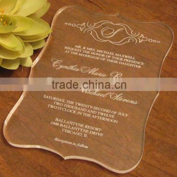 Hot sale elegant personalized transparent acrylic wedding invitations with white screen printing