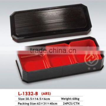 Black rectangle plastic food container with 3 compartments