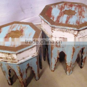 Metal Fitted Natural Set of 2 Wooden Round Stool