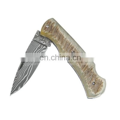 Pocket knife Damascus steel blade with  black ox horn handle or sheep horn handle folding blade knife