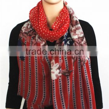 Dot and Flower Printed Wool Scarf