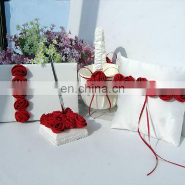 Red rose design White guest book /pen holder/ring pillow/flower basket set wedding favor dropship supplier