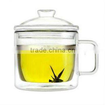 Environmental double wall glass big tea cup with floral logo