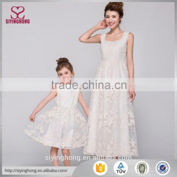Fashion embroidered white lace parent-child dresses