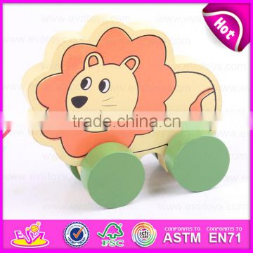 Lovely animal lion pulling toy wooden toy pulling for kids,Children Funny Play Wooden Lion Pull Along Cart Toy W05B113