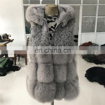 new style hooded real fur gilet genuine fox fur vest with lamb fur