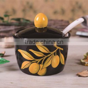 Black Ceramic Sugar Bowl with Lid and Spoon for Kitchen