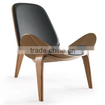 Replica Inspired Designer Shell Chair - Walnut & Black Leather New HY2007