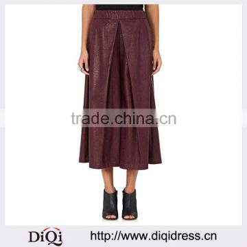 Customized Lady's Apparel Fashion Elastic Waistband Burgandy Faux-leather Culottes(DQM017P)