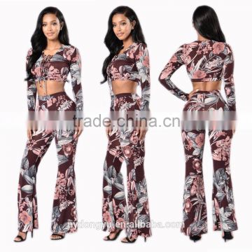 brown flower printed bell bottomed trousers pants set /wedl flare pants and top set
