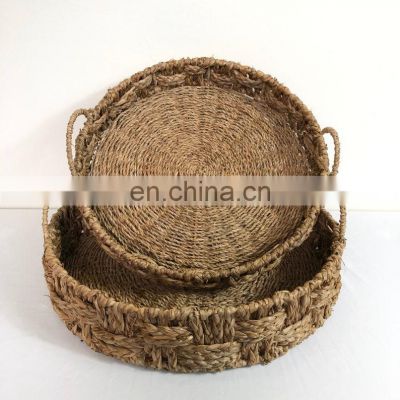 Round Seagrass Woven Serving Tray with Handles Ottoman Tray for Breakfast