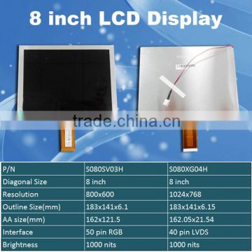 8 inch TFT LCD display with 1024x768 resolution 1000cd/m2 high brightness 4/3 aspect ratio S080XG04H