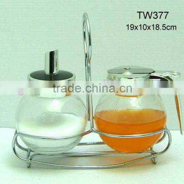 TW377 2pcs glass jar for honey and sugar with metal rack