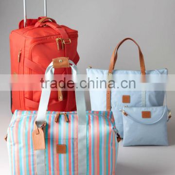 Nylon travel luggage sets with leather trim in high quality and spinner wheels
