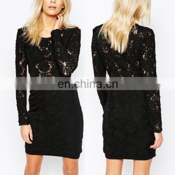 High Quality Long Sleeve Bodycon Black Mini Lace Dress 2016 One Piece Girls Party Dress