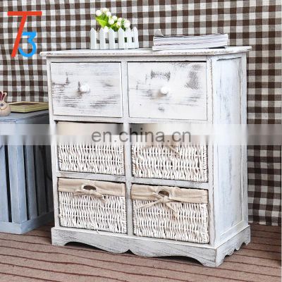 Cheap distressed antique white furniture 3 basket drawers wooden cabinet