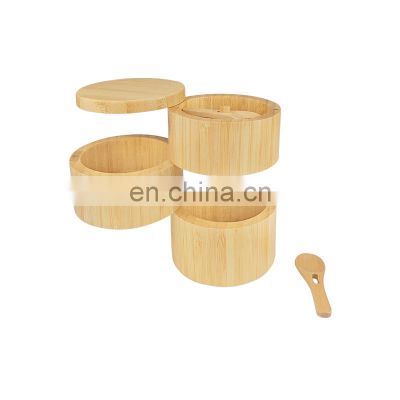 Hotting Natural Wooden Custom Logo Round Spices Storage Container Spice Jar Organic Bamboo Salt Box With Magnet Swivel Lid