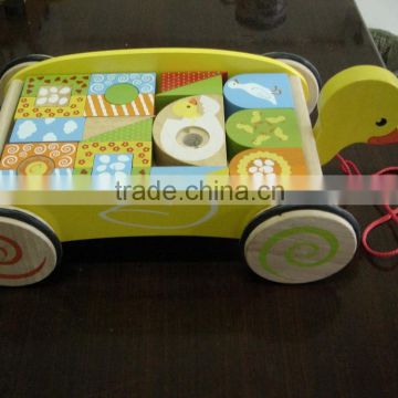 Wooden duck pull cart toy with blocks for kids