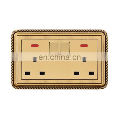 UK Standard Double 3 Pin Wall Socket With Switch Copper Wire Drawing Panel Sockets And Switches Electrical With LED Light
