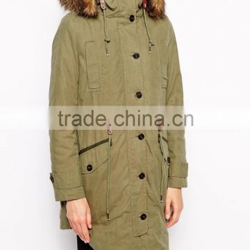 Long Military Parka with Detachable Faux Fur Trim and Lining
