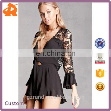 latest fashion sexy design cut out V chest self-tie crochet romper pom pom with lace back and sleeve