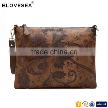 Vintage digital flower printing ladies bag with wristlet strap dark brown crossbody bag