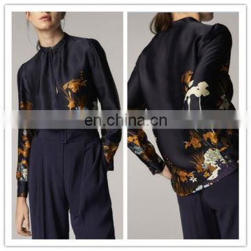 Long Sleeve Raglan High Neck Ladies Long Sleeve100% Silk Print Blouse For Women