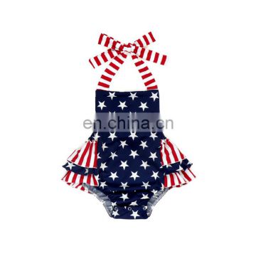 Girl Stripe And Star Halter Baby Bubble Romper 4th Of July Jumpsuit