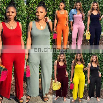 2020 Summer New Women Casual Sleeveless Trousers with Pockets Rompers Loose Jumpsuit