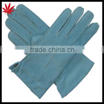 Women cashmere lined baby blue suede leather gloves with contrast thread