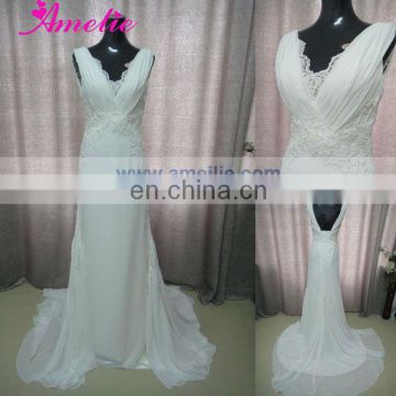 V Neckline Lace Appliqued Wedding Party Dresses