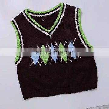 Women New Arrival Plaid Knitted Vintage Contrast V Neck Knitwear Sweater Tank Top