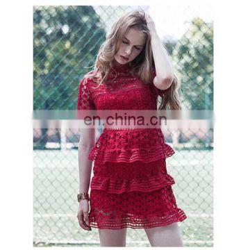 2017 summer new design red short sleeve five-pointed star lace mini dress formal through out evening dresses for girl party wear