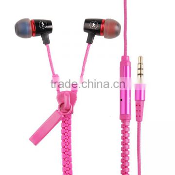 Hot sell pink zipper earphone for girls best zip earphone mobile accessories with braided wire free sample earphone