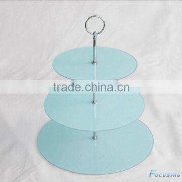 blue color 3 tier flat round tempered glass cake stand