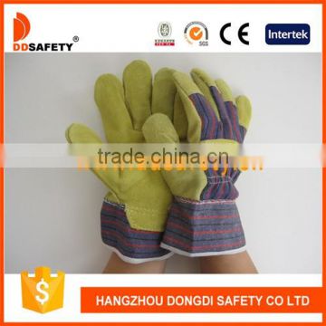 DDSAFETY 2017 Yellow Cow Split Leather Gloves Stripe Cotton Back Safety Gloves